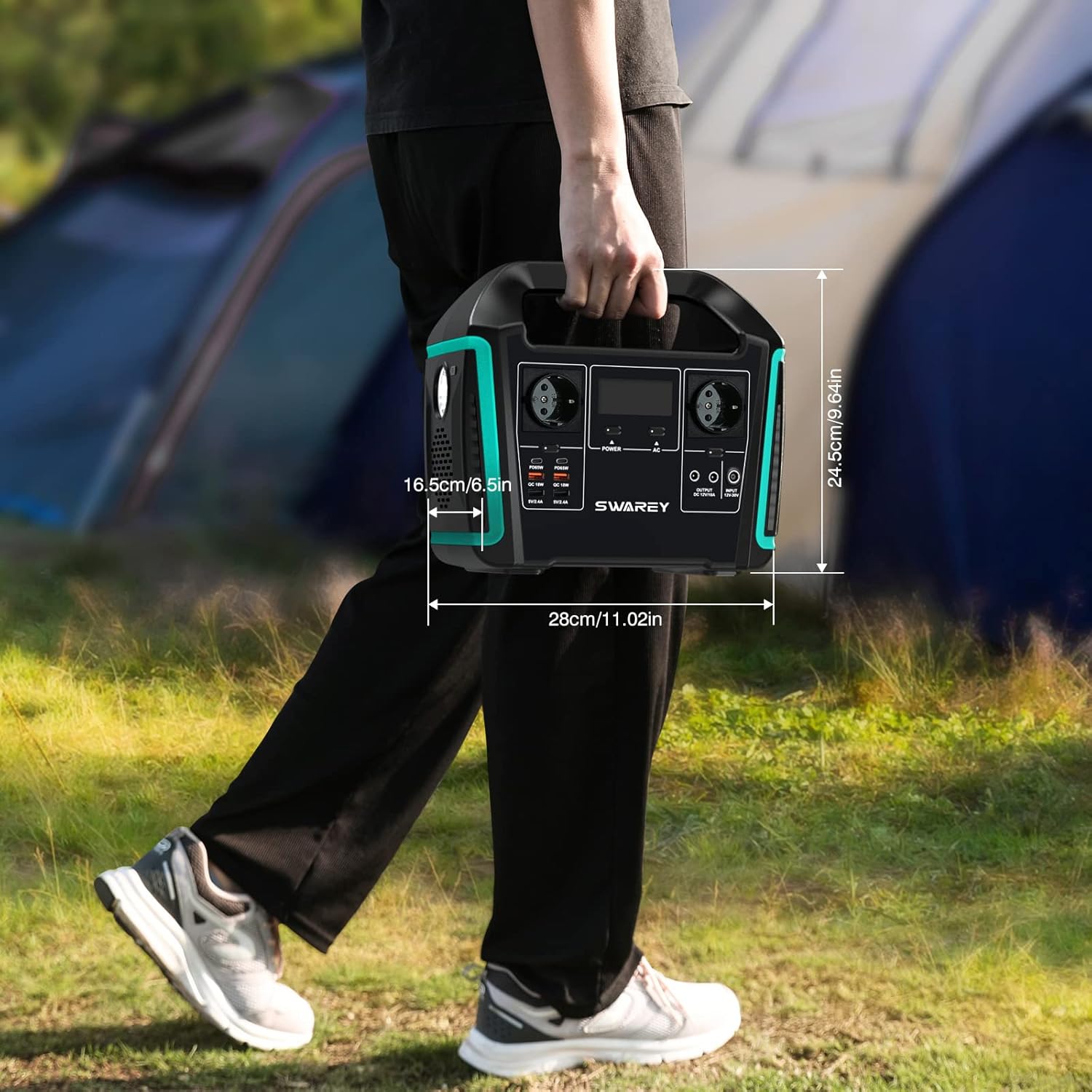 SWAREY S1000 Portable Power Station being carried, showing its compact dimensions