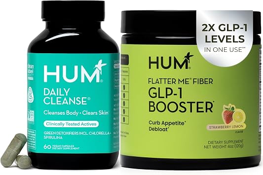 HUM Flatter Me GLP-1 Fiber Daily Cleanse Detox Bundle Appetite Control, Bloating Relief, Clear Skin, Gut Health & Natural Detox with Zinc, Spirulina & Herbs for Women & Men