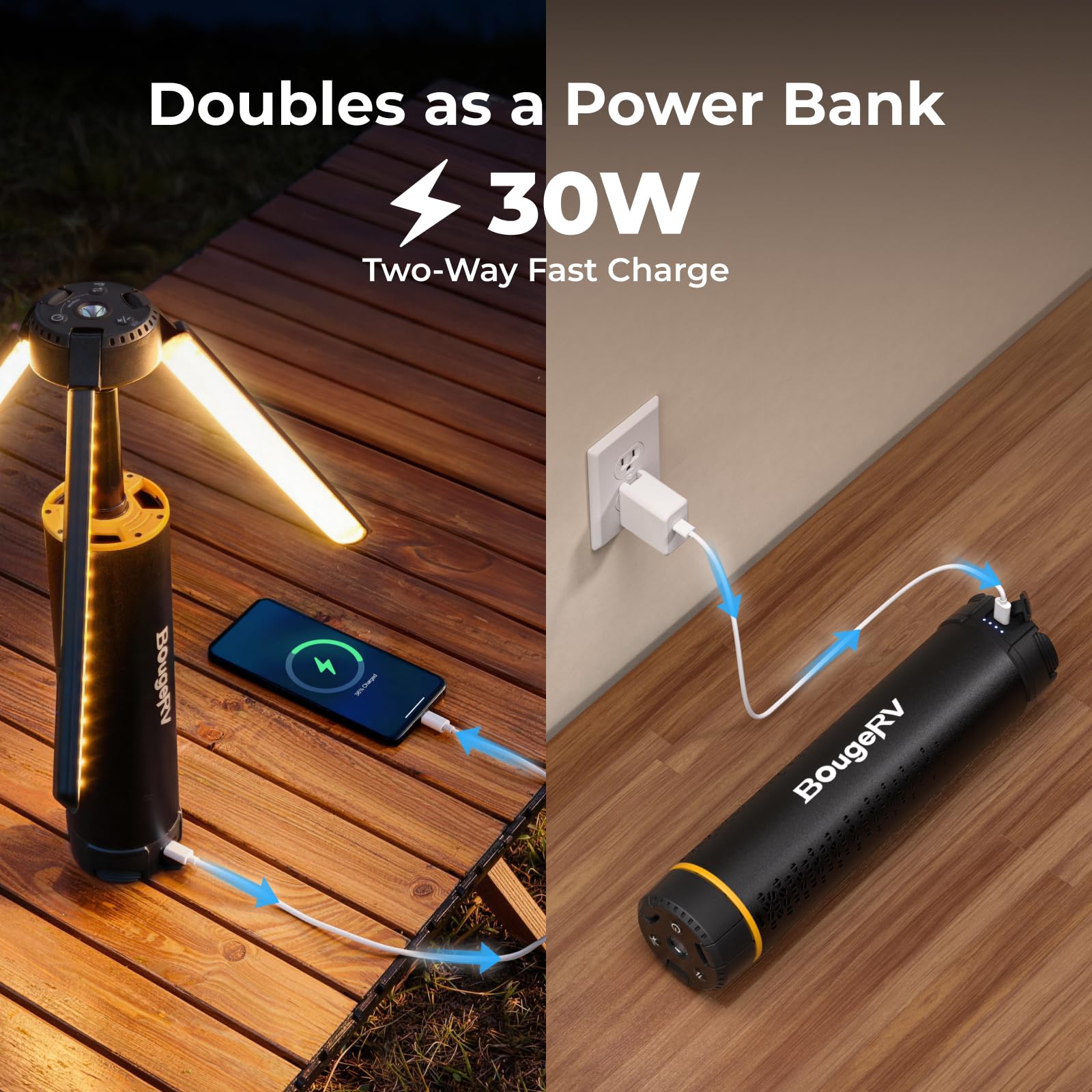 BougeRV T1 Lampe de Camping Rechargeable 15600mAh, 3000 LM, Lanterne Télescopique 1,68 m, Hauteur et Angle Réglables, Charge Rapide 2,5h, Étanche IPX5, Éclairage pour Camping, Chantier, Survie, Voyage