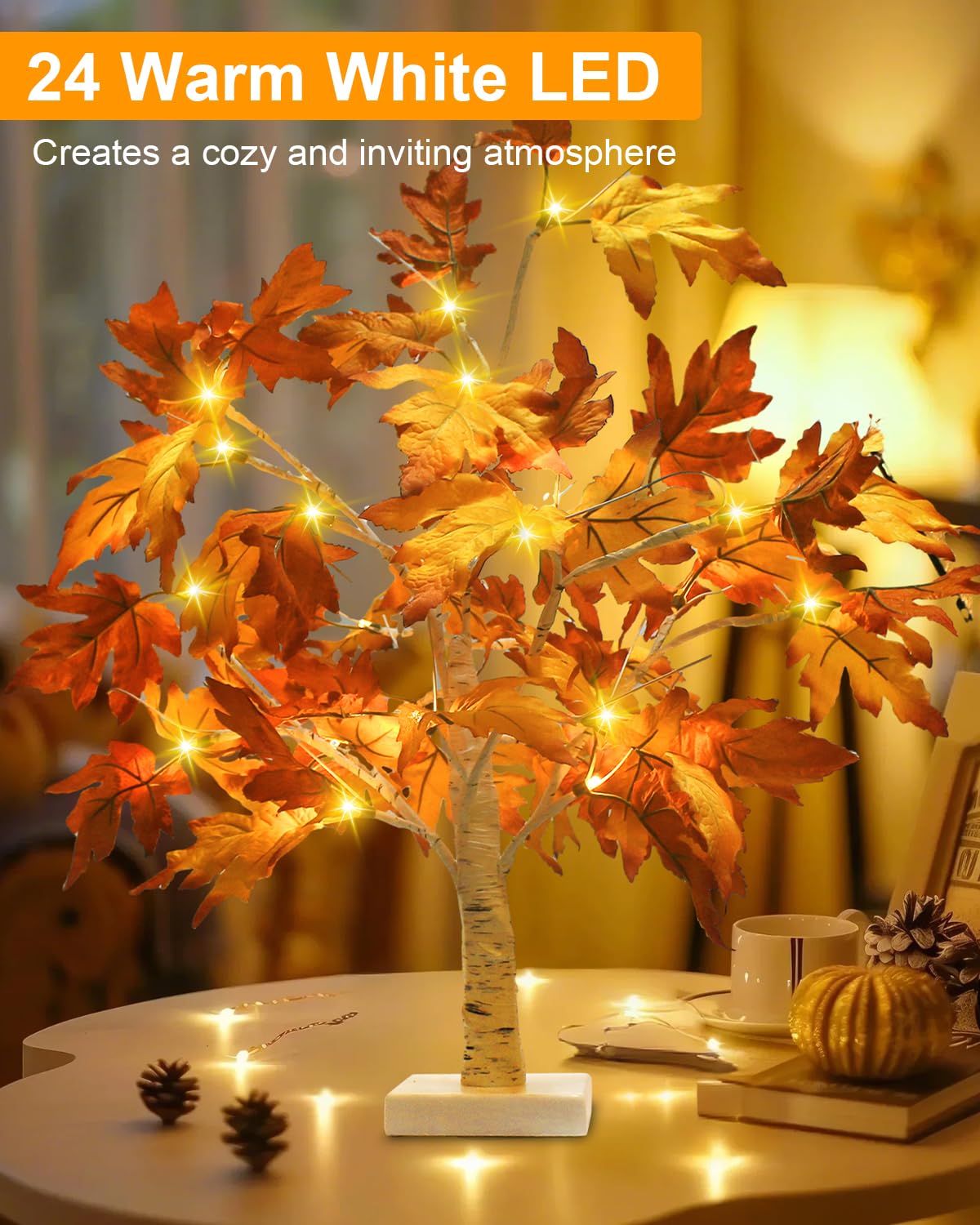 Luditek Thanksgiving Table Decor 2-Packs Maple Fall Light Up Tree w/ 24 Led 22 Inches White Artificial Tree Battery Operated for Thanksgiving Decorations Fall Halloween for Home Indoor Outdoor Bedroom