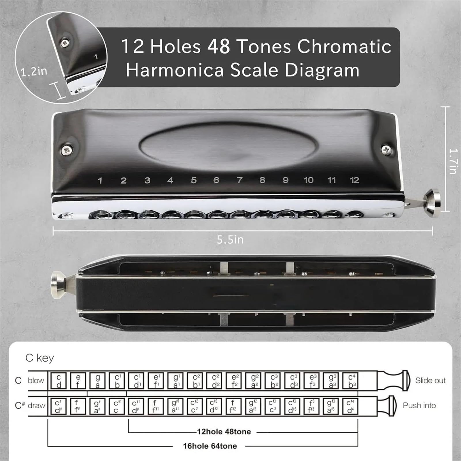 Armonica Cromatica 12 Fori 48 Toni Chiave Di Do Senza Valvole Per Principianti Adulti Professionale Nera