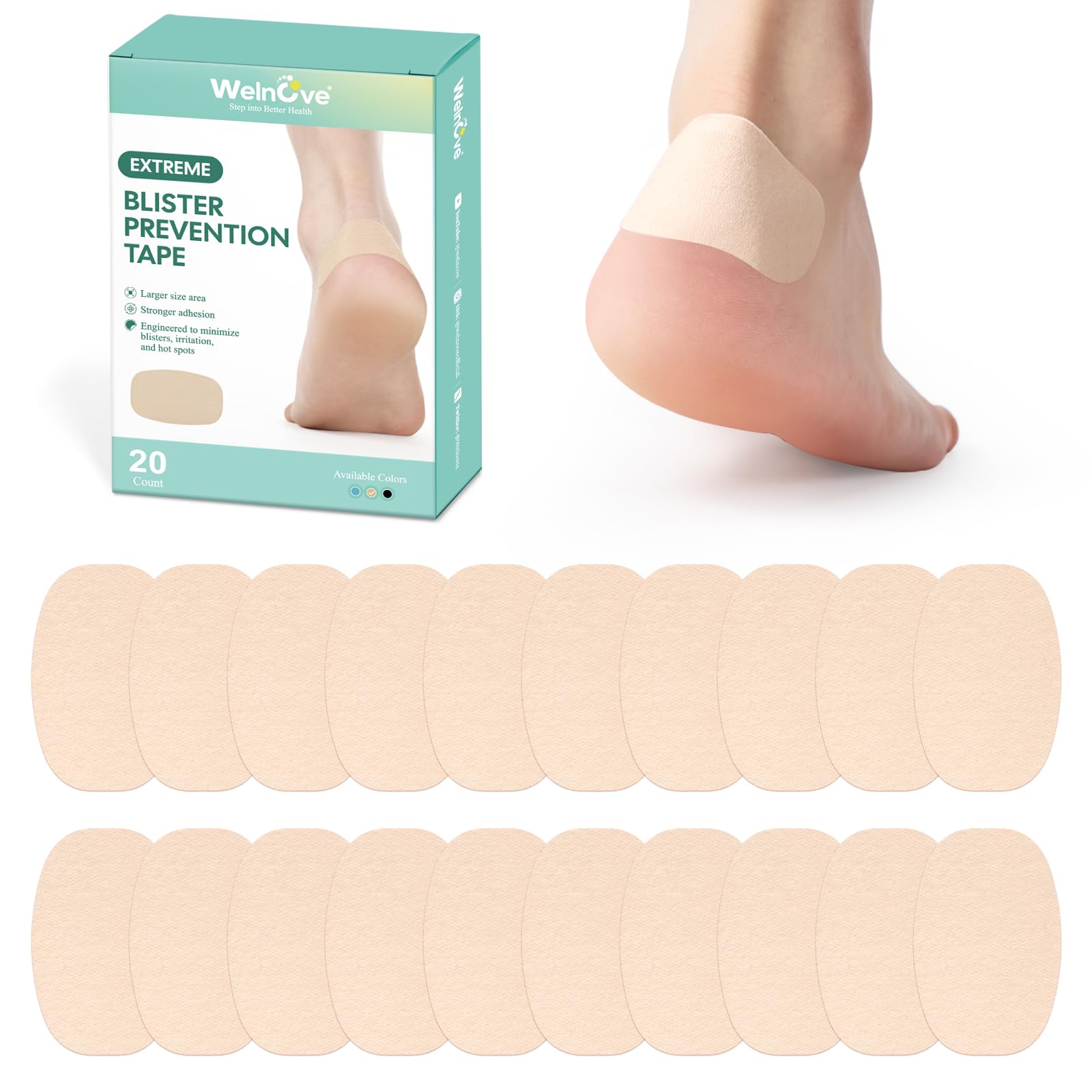 Welnove Moleskin Adhesive Pads for Feet,Blister Bandages for Feet, Moleskin Tape, Moleskin Padding, Mole Skin Patch for Feet Heels, Skin Tape Stickers for Feet - Beige, Rectangle, 20 Count
