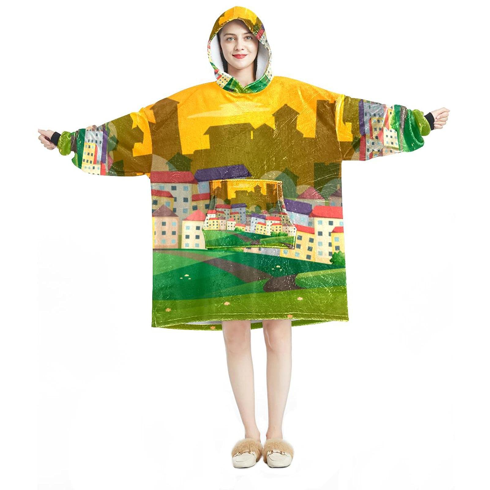 Felpa oversize con cappuccio, in flanella Sherpa, con tasca per adulti, uomini e donne, scena con molte case