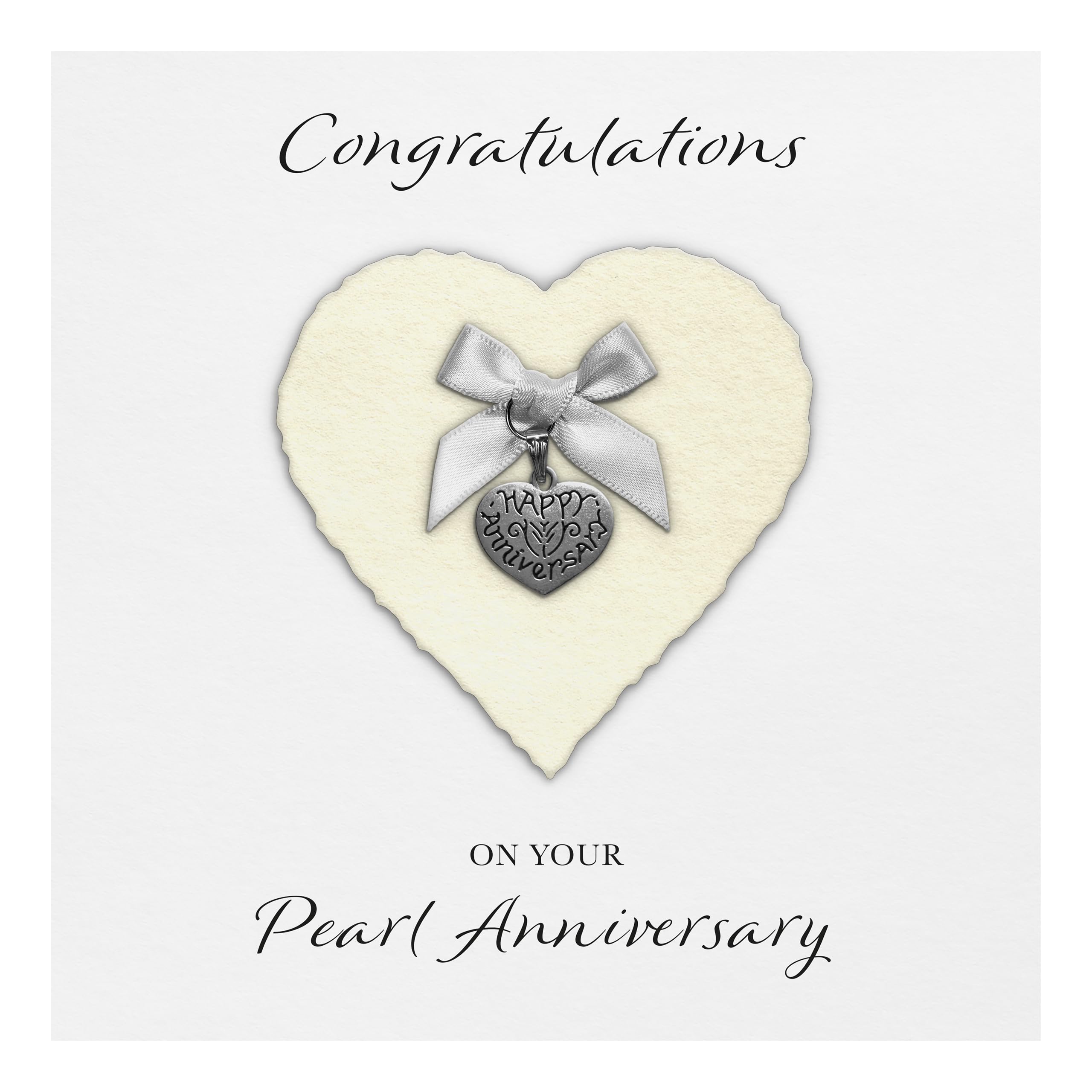 Pearl 30th Anniversary Card "Heart Charm & Bow" - Handmade UK (Pearl Heart/White Bow, White Cardstock)