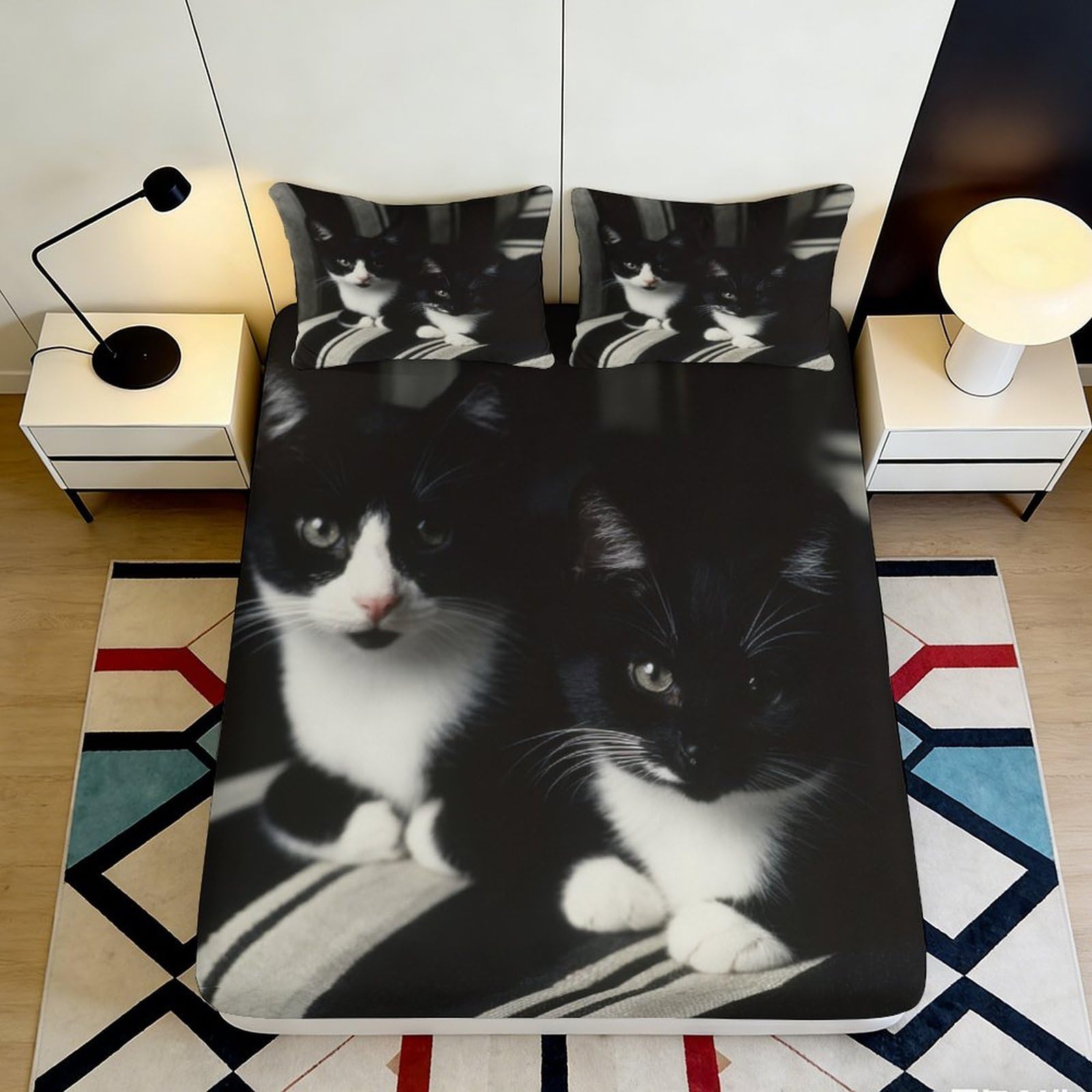 Jqzkxnhpbr Style-3 3D Printed Black White Cat Fitted Sheet Microfiber Soft Breathable Kitten Bed Cover For Bedroom Dorm Mattress Decor 90X200x25cm