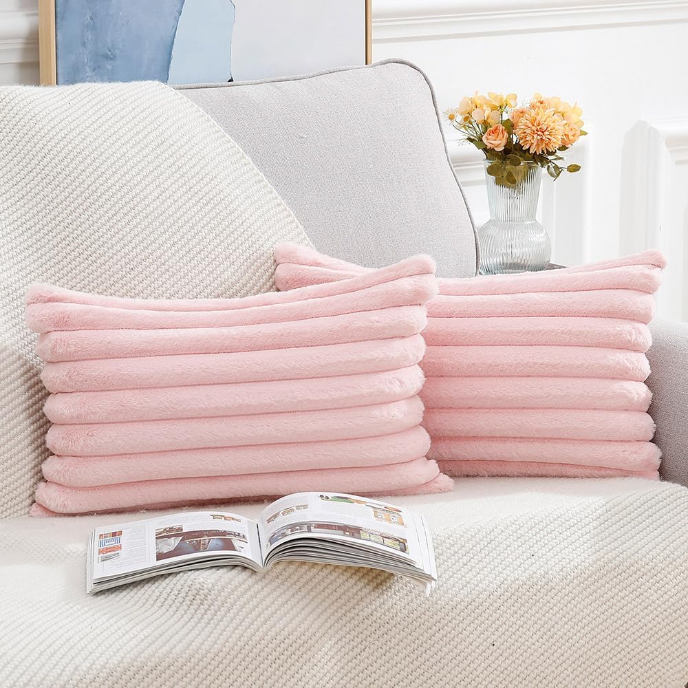MADIZZ Set of 2 Faux Wool Plush Decorative Throw Pillow Covers 12x20 Inch Pink Fluffy Striped Soft Decorative Cushion Cover for Sofa Bedroom Pillow Shell Pink 20" x 12" (Pack of 2)