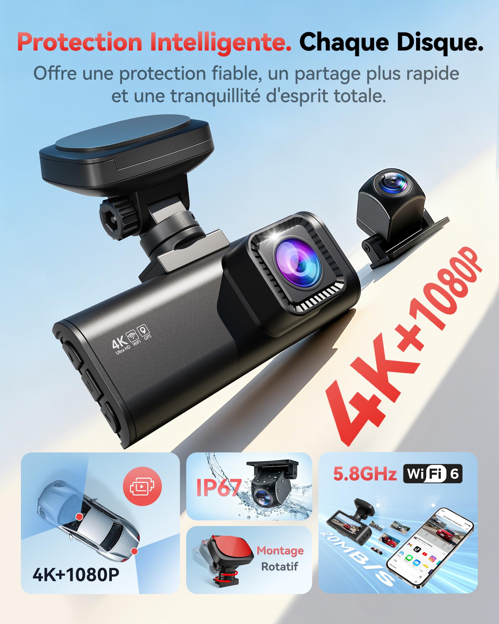 REDTIGER F7N 4K+1080P Dashcam Voiture et Caméra de Recul Embarquéee,Caméra Embarquée avec WiFi et GPS Intégrés pour Voitures,Carte SD 64G,Vision Nocturne,Mode Stationnement 24H