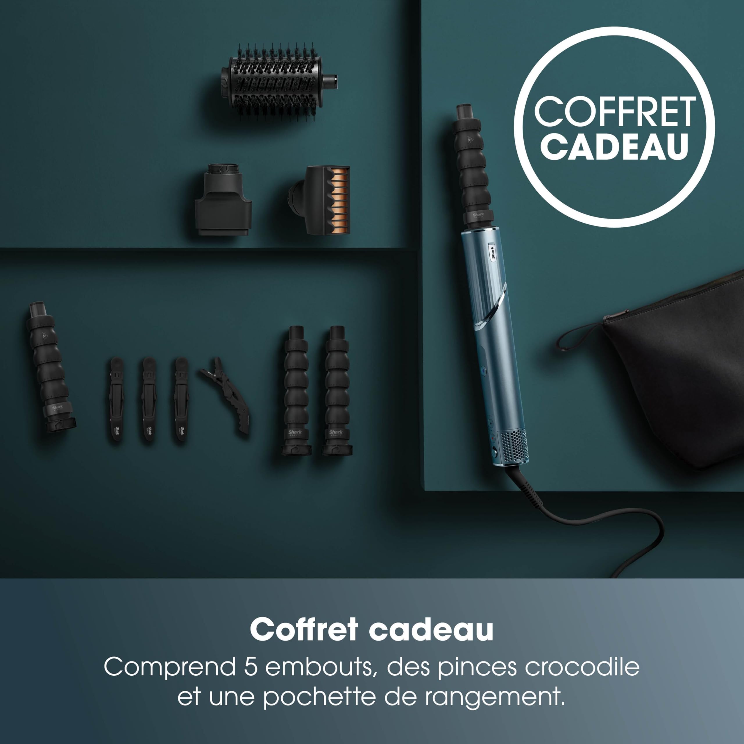 Shark FlexStyle – Bleu sarcelle. Boucleurs à Air, Embout de finition Anti-Frisottis, Brosse Ovale, Concentrateur, Pinces, Pochette de Rangement, aucun dommage thermique HD456TLEU