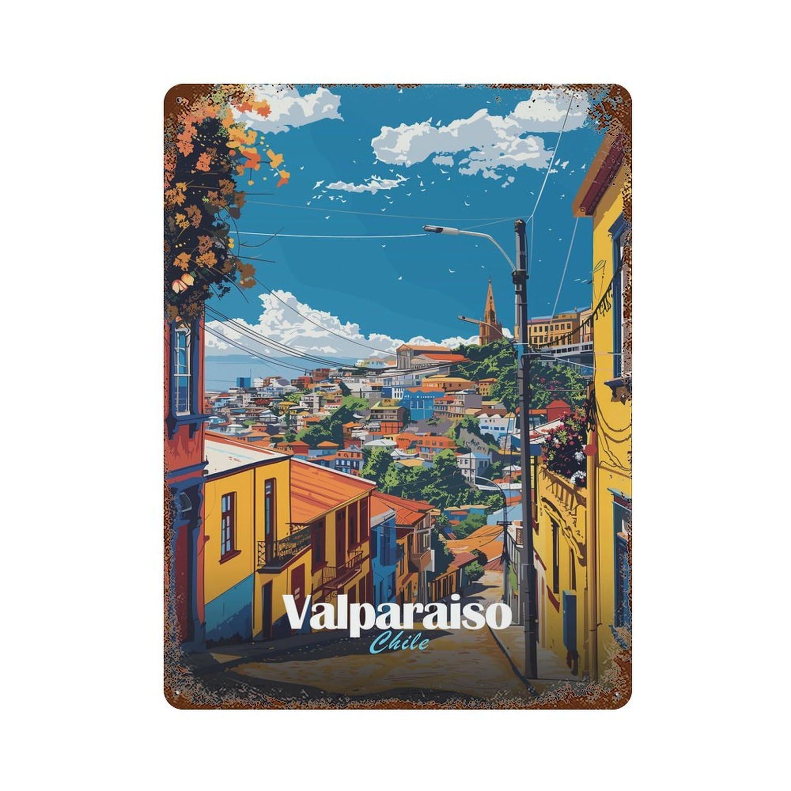 Rust Effect Valparaiso Cityscape Decorative Tin Sign 15.7"x11.8", Vintage Wall Decor for Farmhouse, Kitchen And Entryway Decor