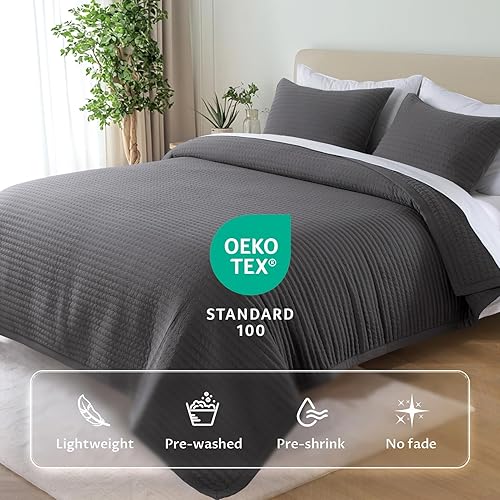 Vista 38 de KASENTEX - Juego de edredón lavable a máquina, cubrecama muy suave, ligero, lavado a la piedra, con costuras detalladas, matrimonial/queen con 2