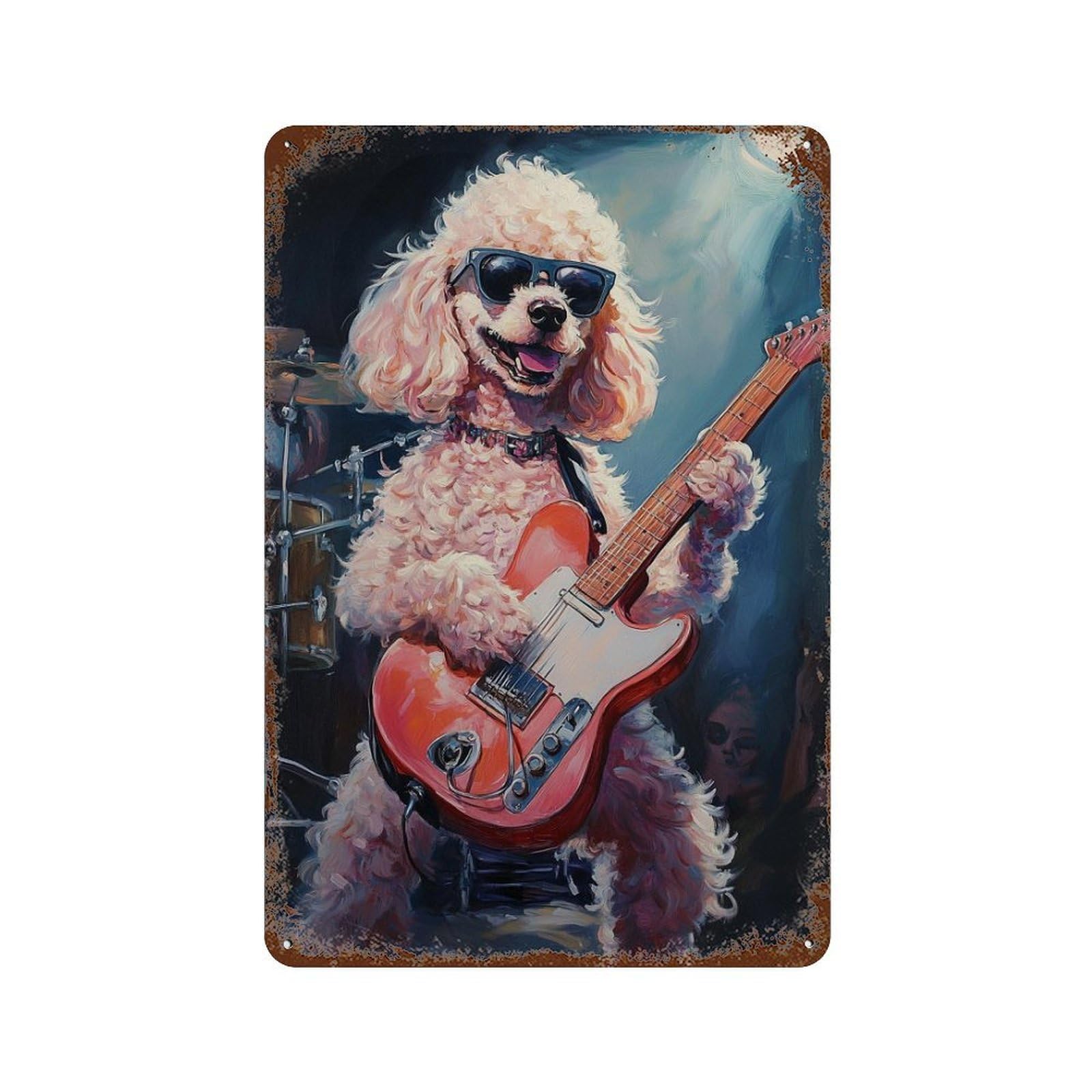 Poodle Playing Guitar Painting 11.8"x7.9" Retro Metal Sign, Old School Wall Decor for Office, Studio And Wall Decor