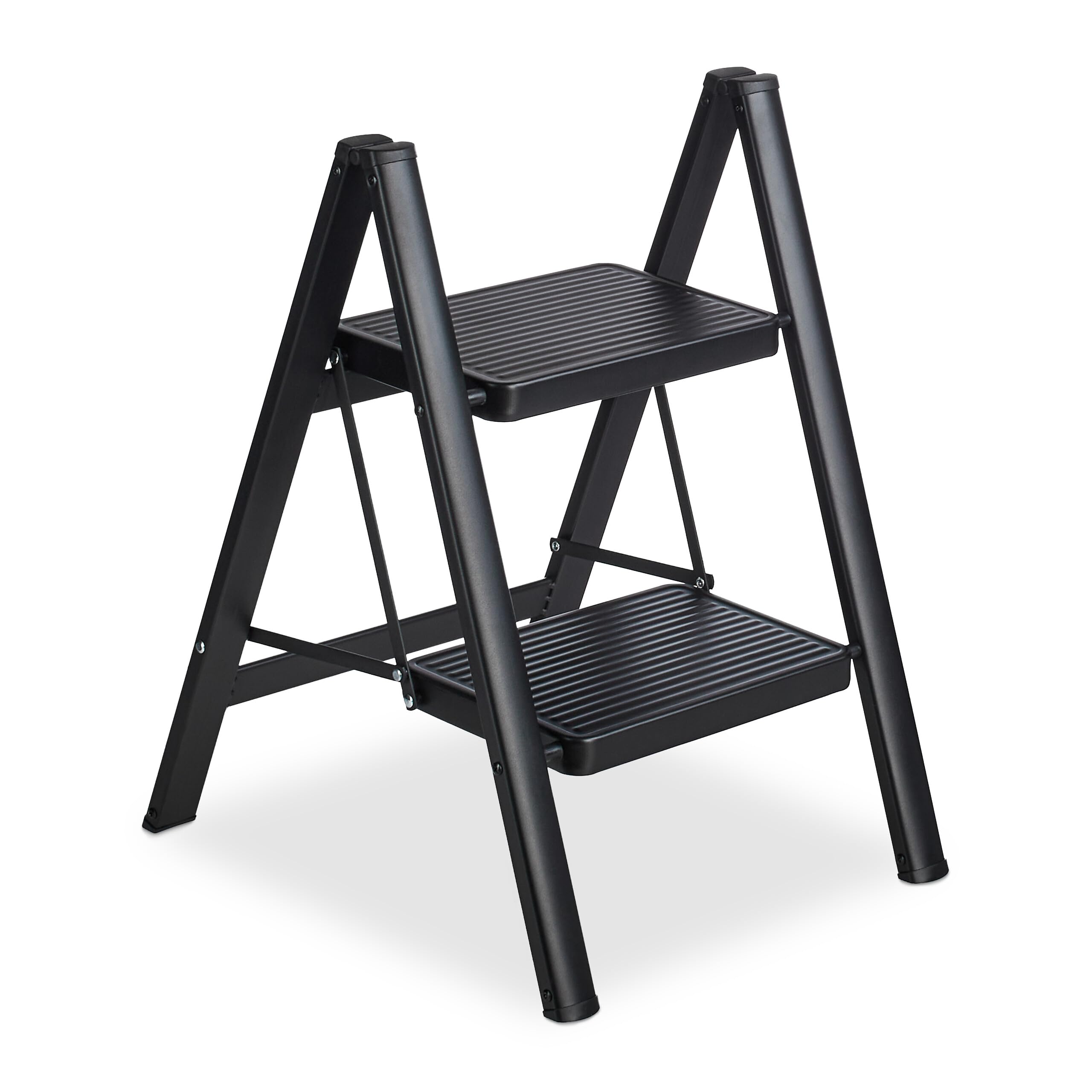 Relaxdays Escalera Plegable, 2 Peldaños, Taburete Ligero de Acero, Resiste hasta 120 kg, 60 x 42 x 48 cm, Negro