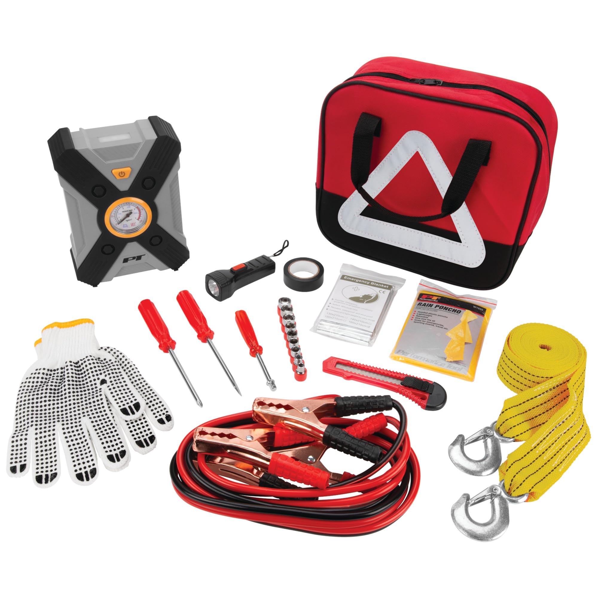 Performance Tool E00013 33 pc. Deluxe Roadside Assistance Kit: Featuring Vortex 12V Rapid Tire Inflator, Booster Cables, Tow Rope, Flashlight, Socket Set, First Aid Kit, Tool Kit and Storage Case