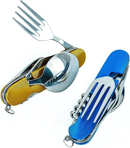 Cluck Utensilios de cubiertos multifunción 6 en 1 para acampar, cuchillos plegables, kits de bolsillo desmontables con bolsa de transporte (dorado +