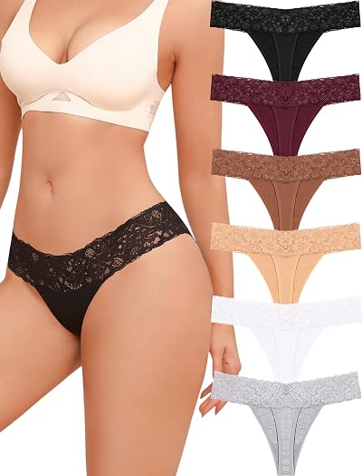 READY TO LOVE Underwear Womens Sexy Cotton Lace Thongs for Women Breathable V-Waisted Ladies Tangas Thong Panties 6 Pack