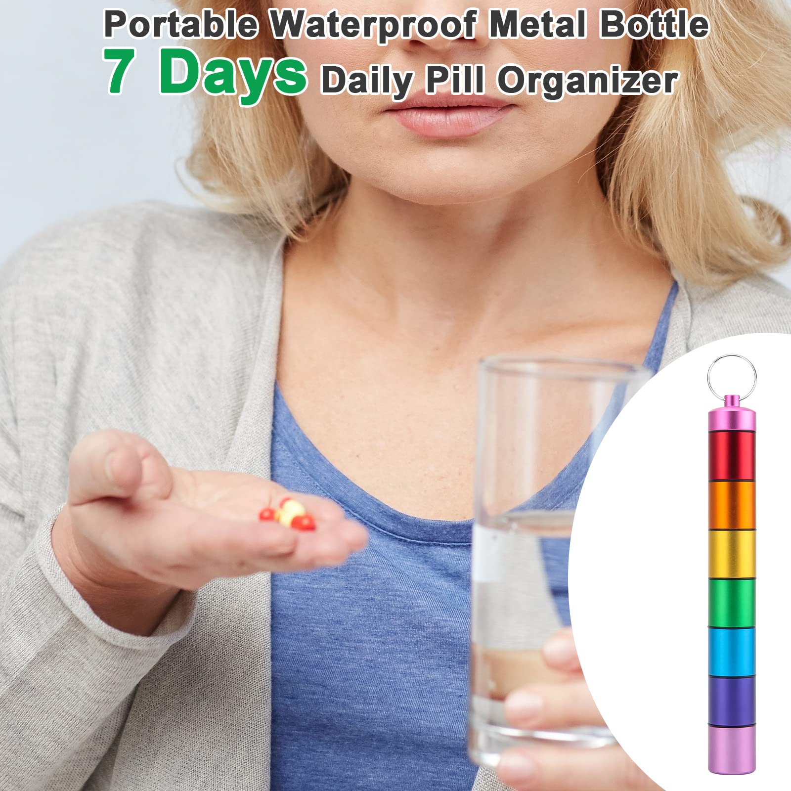 Pillendose aus Metall, klein, tragbar, für 7 Tage, Reise-Pillen-Organizer, tragbar, wasserdicht, Edelstahl, Pillendose mit Schlüsselanhänger