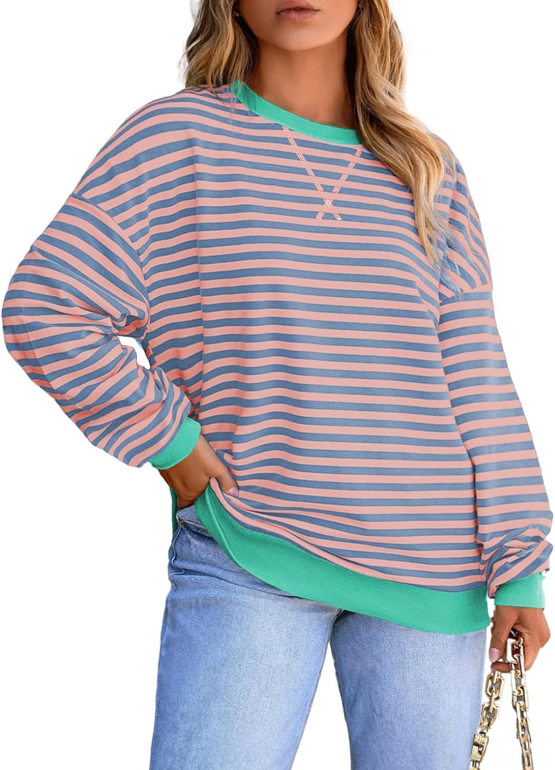Eytino Women Plus Size Sweatshirt Striped Color Block Crew Neck Pullover Tops Long Sleeve Casual Shirt(1X-5X)