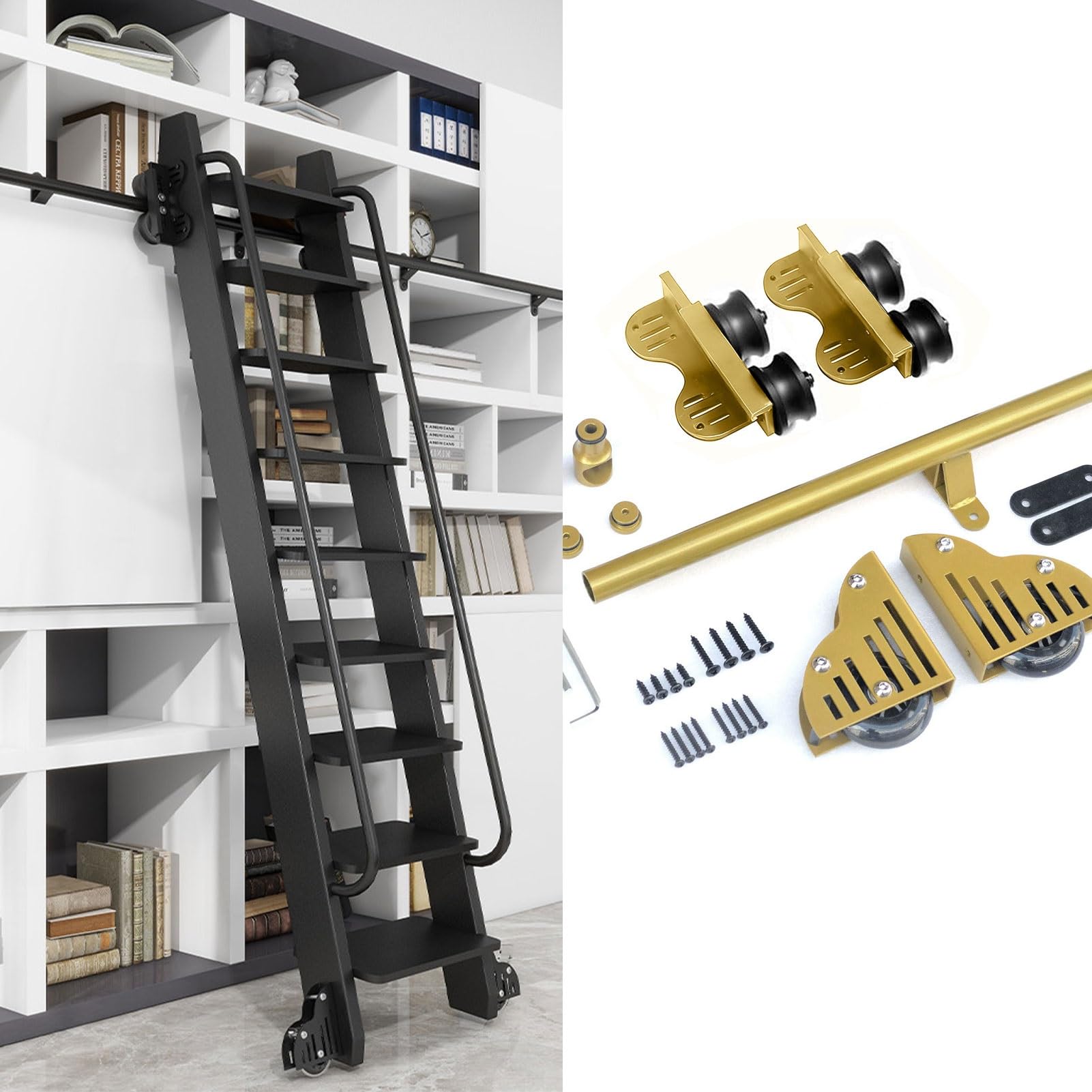 Kit de quincaillerie pour échelle coulissante en acier de 366cm pour bibliothèque et loft