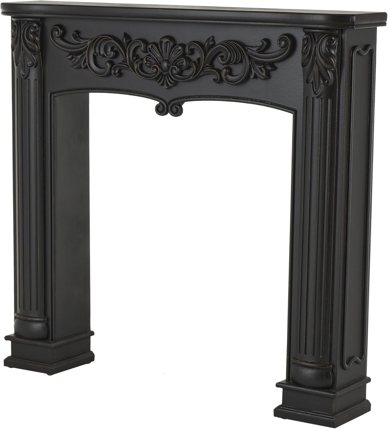 Deco 79 Wooden Scroll Fireplace Mantle Freestanding with Floral Accents, 45" x 9" x 43", Black