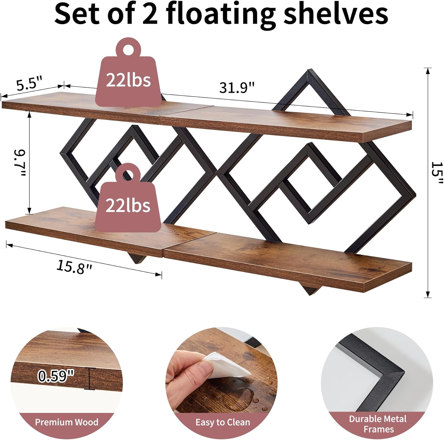 Set of 2 Floating Shelves Farmhouse Wall Shelves 2-Tier Decorative Hanging Shelves Wall Mounted Bathroom Shelves Wooden Wall Decor Shelf (Dark Brown)