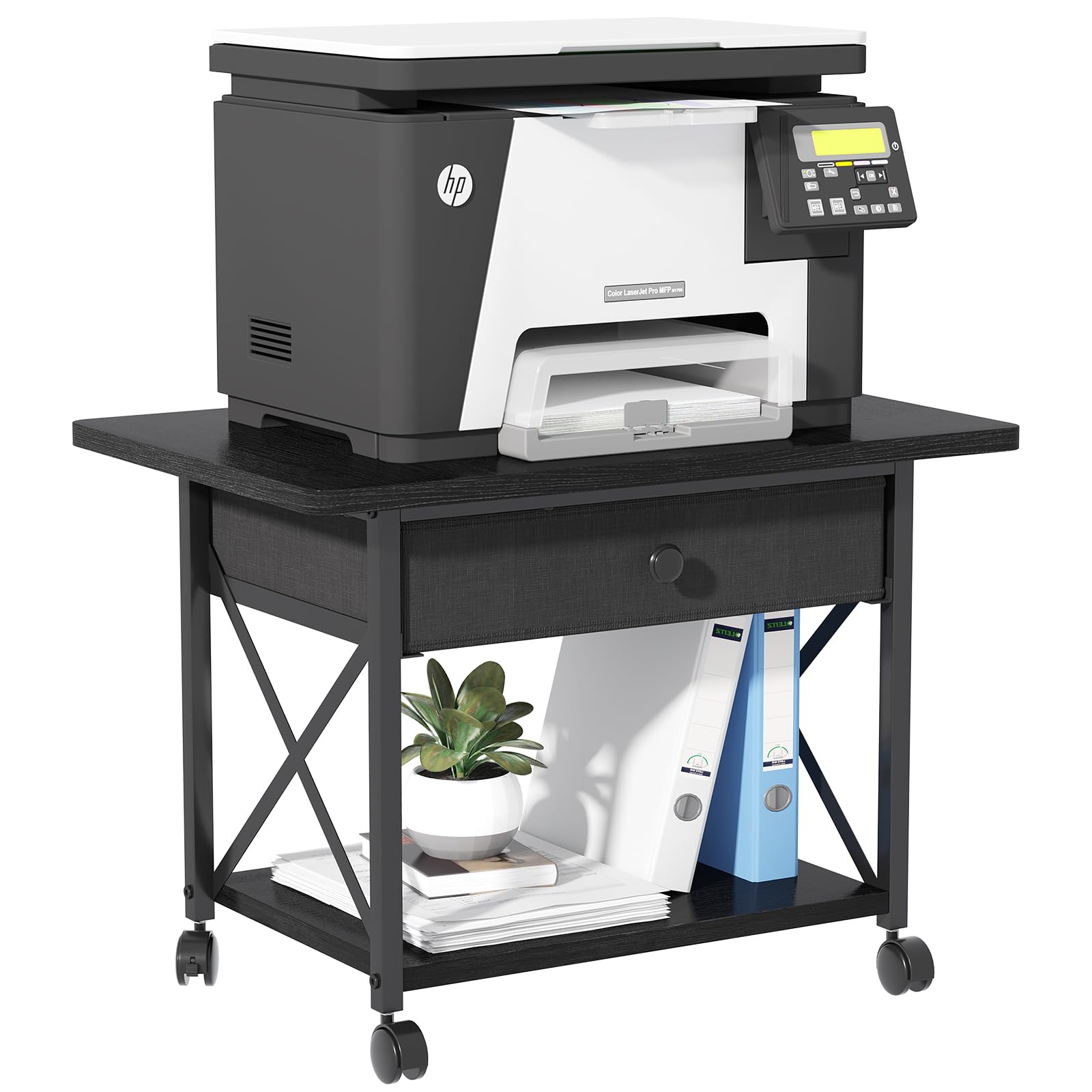 EasyCom 2-Tier Desktop Printer Stand With Large Drawer, Under Desk Printer Table With Wheels, Small Printer Shelf With Storage For Paper Storage Printer Scanner Fax Home Office Use Black - Walmart - View #3
