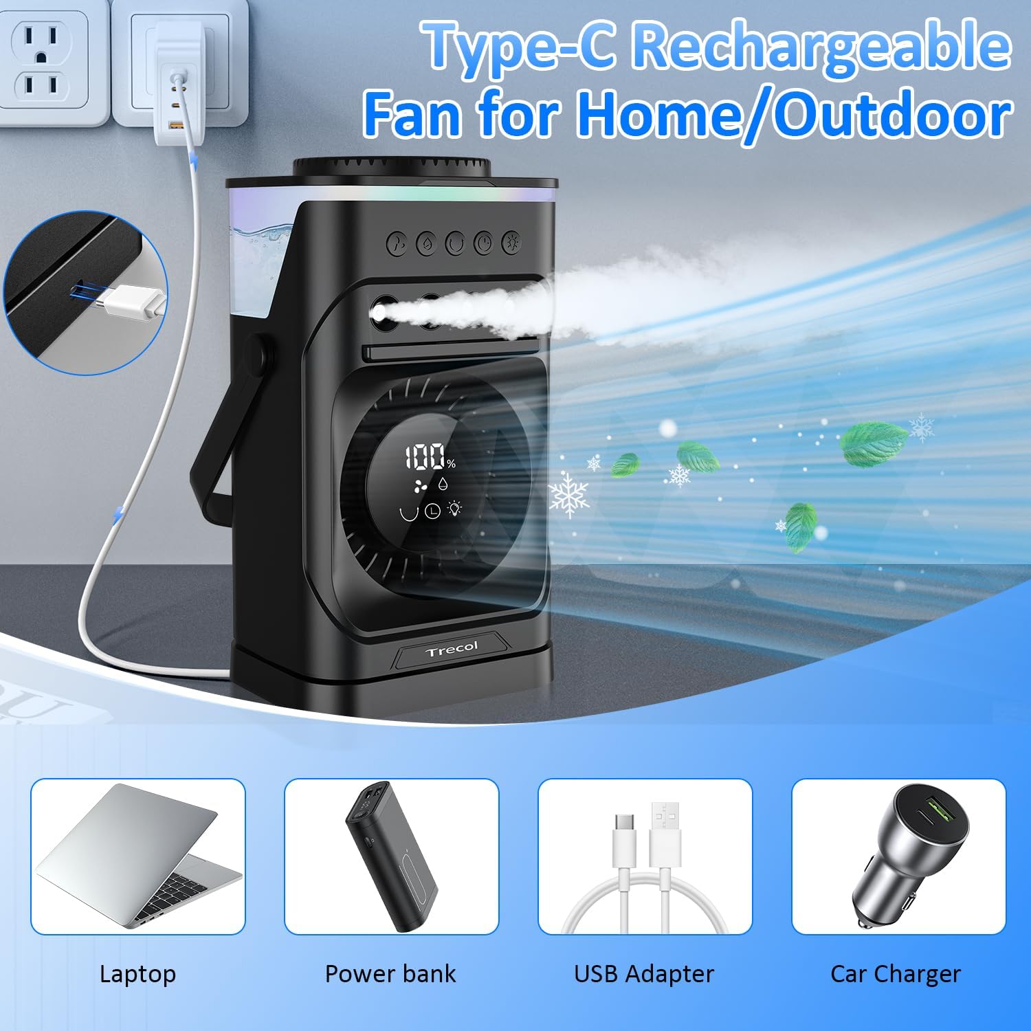 Portable Air Conditioner Fan, 10000 mAh Personal Fan with Timer, 900ML Misting Fan with 3 Spray Levels, 120° Oscillation, 10 Wind Speeds & 7-Color Light Evaporative Cooler for Home,Office,Bedroom