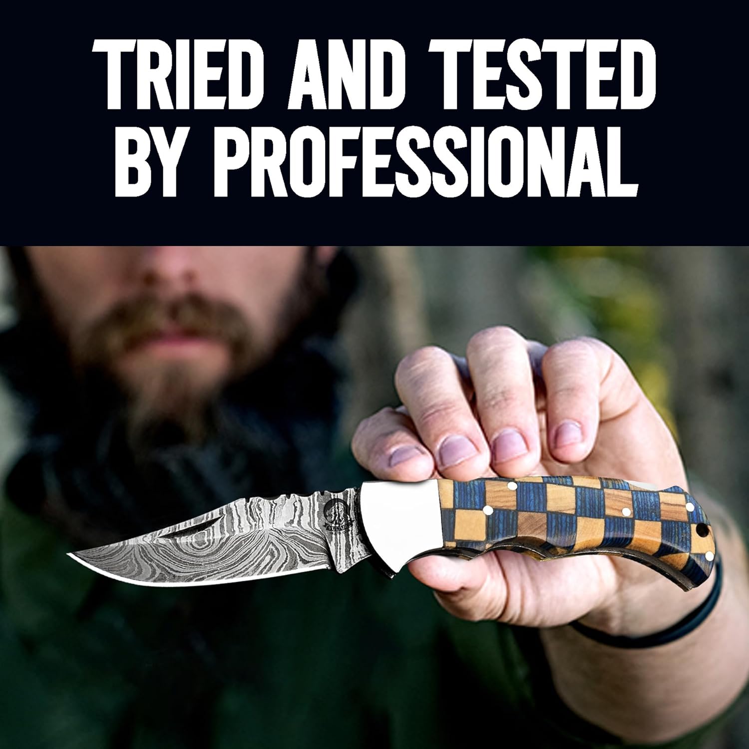 Damascus Steel Pocket Knife with Clip and Leather Sheath - EDC Knives for Outdoor and Camping Activities, Handmade Folding Knife, Free Sharpner (Chess foldable)