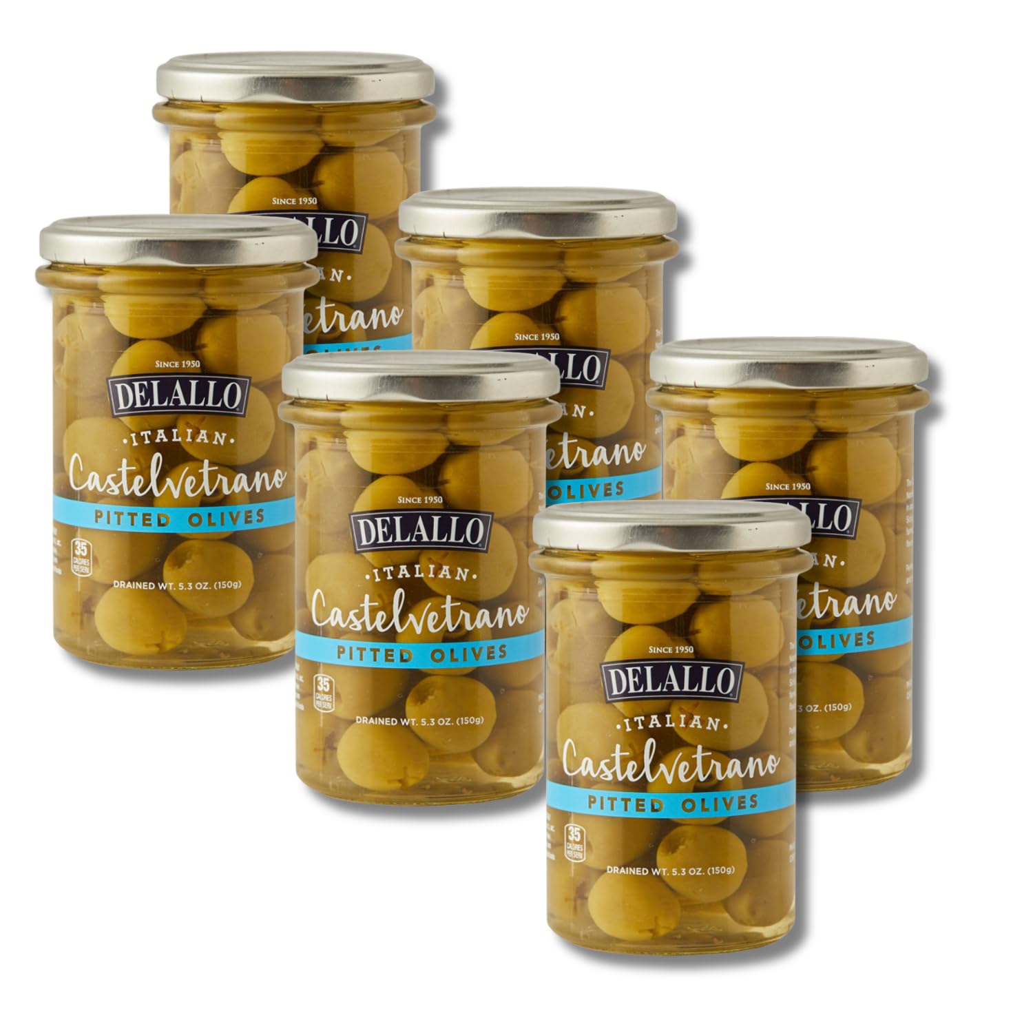 DeLallo Pitted Castelvetrano Green Olives, Naturally Cured, Non-GMO, Kosher, Gluten-Free, Mild Buttery Flavor, 5.3 oz Jar, (6 Pack)