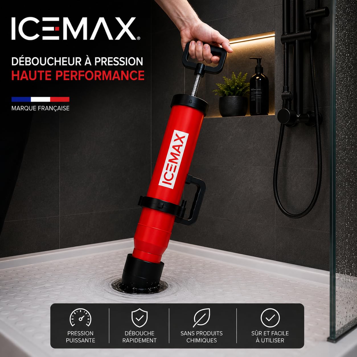 ICEMAX® Déboucheur canalisation WC EVIER DOUCHE avec 3 têtes Marque Francaise I déboucheur wc I déboucheur canalisation professionnel I deboucheur canalisation haute pression I Ventouse déboucheur