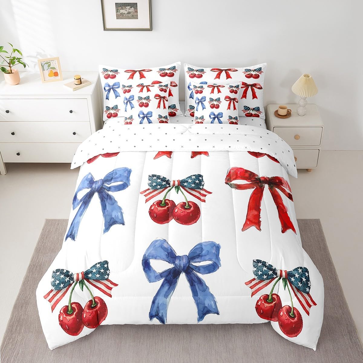 Erosebridal Coquette Cherry Comforter Set with Sheets for 4Th of July American 7 Piece Bedding Set Twin,Cute Aesthetic Bow Bed in A Bag with Flat and Fitted Sheet Red Cherries Decor Bed Set