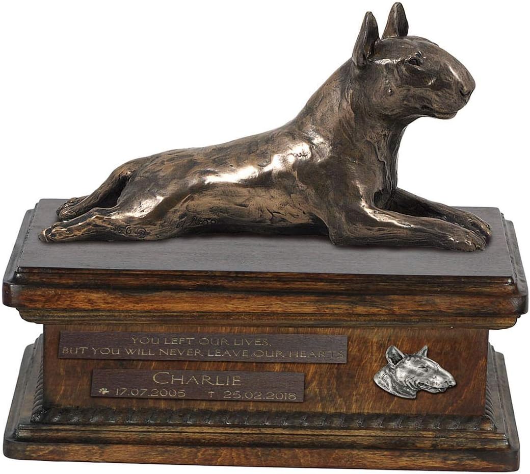 Art-Dog Custom Dog Sitting Statue Memorial Urn - Handmade Cold Cast Bronze on Birch Base – Sturdy and Stylish Urn for Dog’s Ashes – 8.3x11.4x8.7 – 5l – Bull Terrier VI