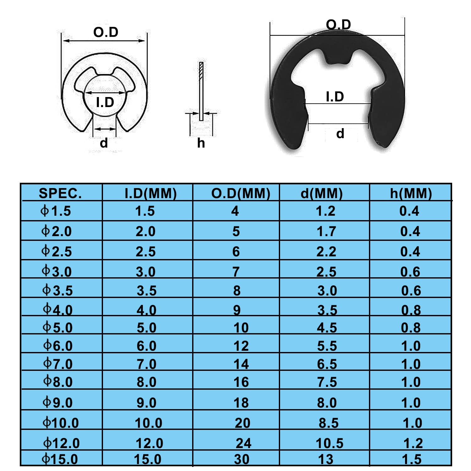 500 Anelli Di Sicurezza E-Clip - 14 Dimensioni M1.5-M15, Acciaio Manganese Nero - Foto 10