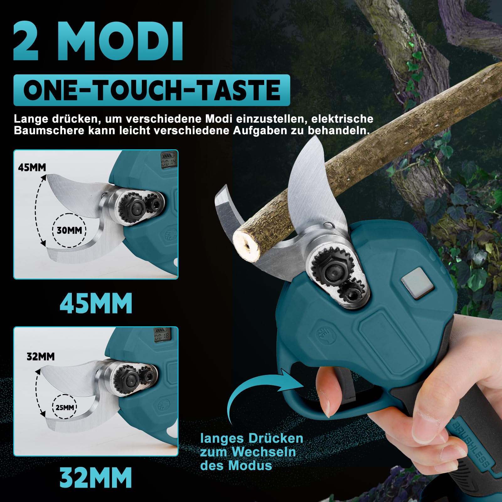 Akku Astschere Elektrische Gartenschere 45mm kompatibel mit bosch GBA 18V Akku Bürstenlosen Motor Elektrisch Astsäge Batterie Schere LCD zum Beschneiden von Bäumen Obstbäumen (ohne Akku)
