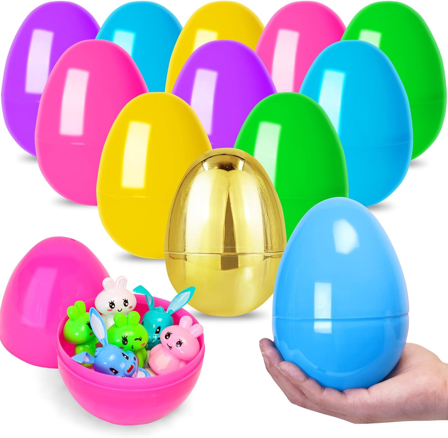 MGparty 12 Pcs 6 Inch Easter Eggs Fillable Large Plastic Easter Eggs with 2 Golden Eggs, Jumbo Empty Eggs for Easter Egg Hunt Basket Stuffers Party Favors Classroom Prizes and Easter Decorations