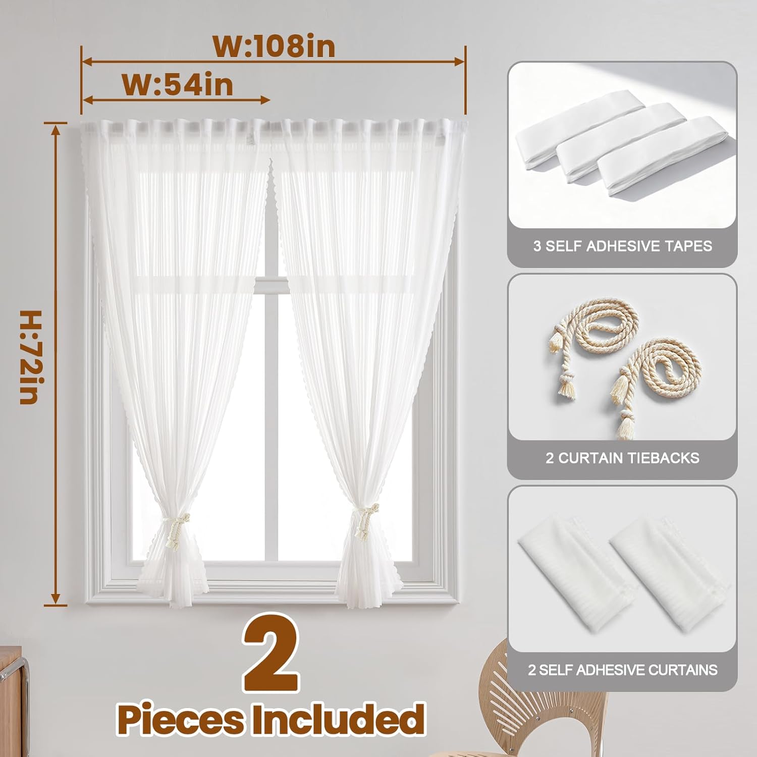 Self-Adhesive White Sheer Curtain, Gauze Privacy Light-Filter Panels, Portable No-Drill Window Blinds for Home/Bedroom(54" W x 72" L,White,2 Panels)