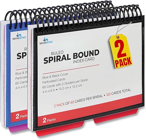 1InTheOffice Fichas de índice de 4 x 6 con rayas, encuadernadas en espiral, 120 tarjetas blancasespiral (paquete de 2)