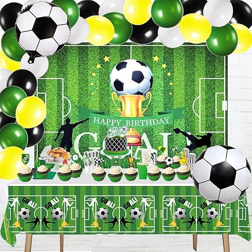 Miniatura 1 de Juego de decoraciones de fiesta de cumpleaños de fútbol para niños, decoraciones de fiesta temática de fútbol, globos de fútbol, telón de fondo de