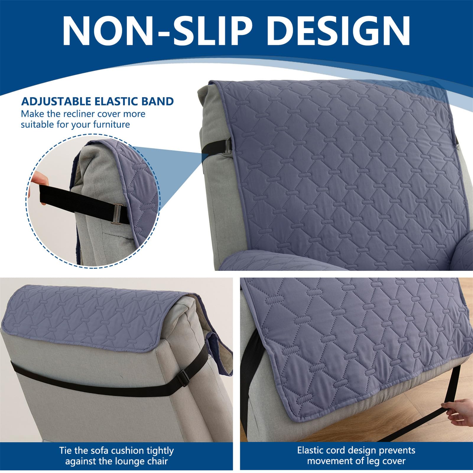 Copripoltrona Relax Reclinabile 1 Posto Impermeabile, Copri Poltrona Elettrica Antiscivolo Universale, Antigraffio Fodera Poltrona Laterali con Tasche (Blu Grigio,25 x 91 inch)