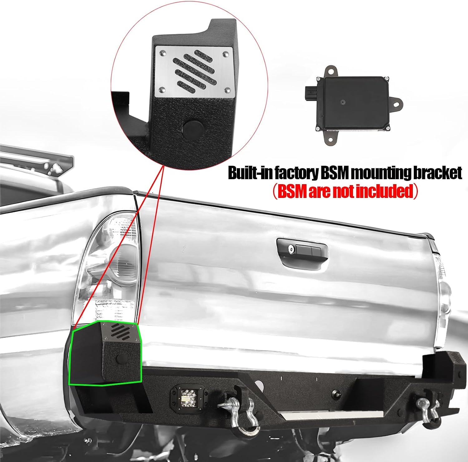 Off-Road Rear Bumper Compatible with 2016-2023 Toyota Tacoma 3rd Gen, Heavy Duty Full Width Pickup Truck Rear Step Bumper with 2 x 39W LED Lights, Sensor Holes,2 x D-rings,Black