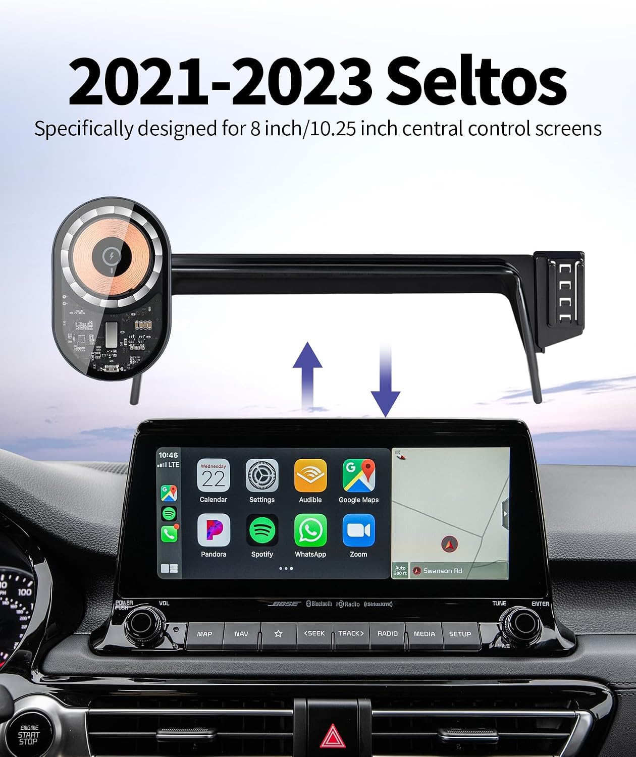 Wireless Charging Car Phone Holder for Kia Seltos 2021-2023, 8/10.25" Screen Fixed Clip, 360° Rotation Car Phone Mount Compatible with MagSafe