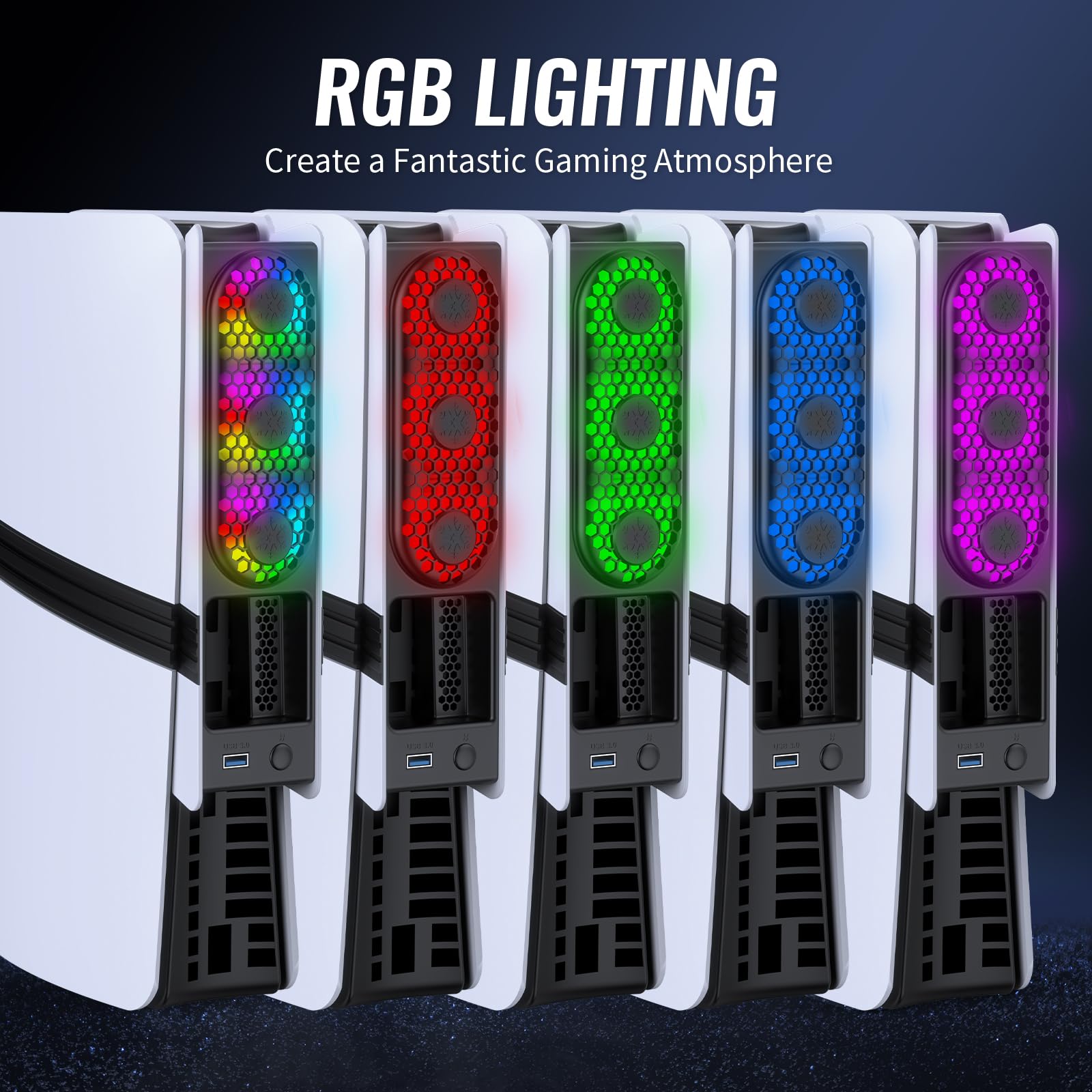 Ventola di raffreddamento RGB per PS5 Pro/PS5 Slim - Controllo automatico della temperatura, 5 modalità di illuminazione, porta USB 3.0, compatibile con Disc & Digital Edition (nero)