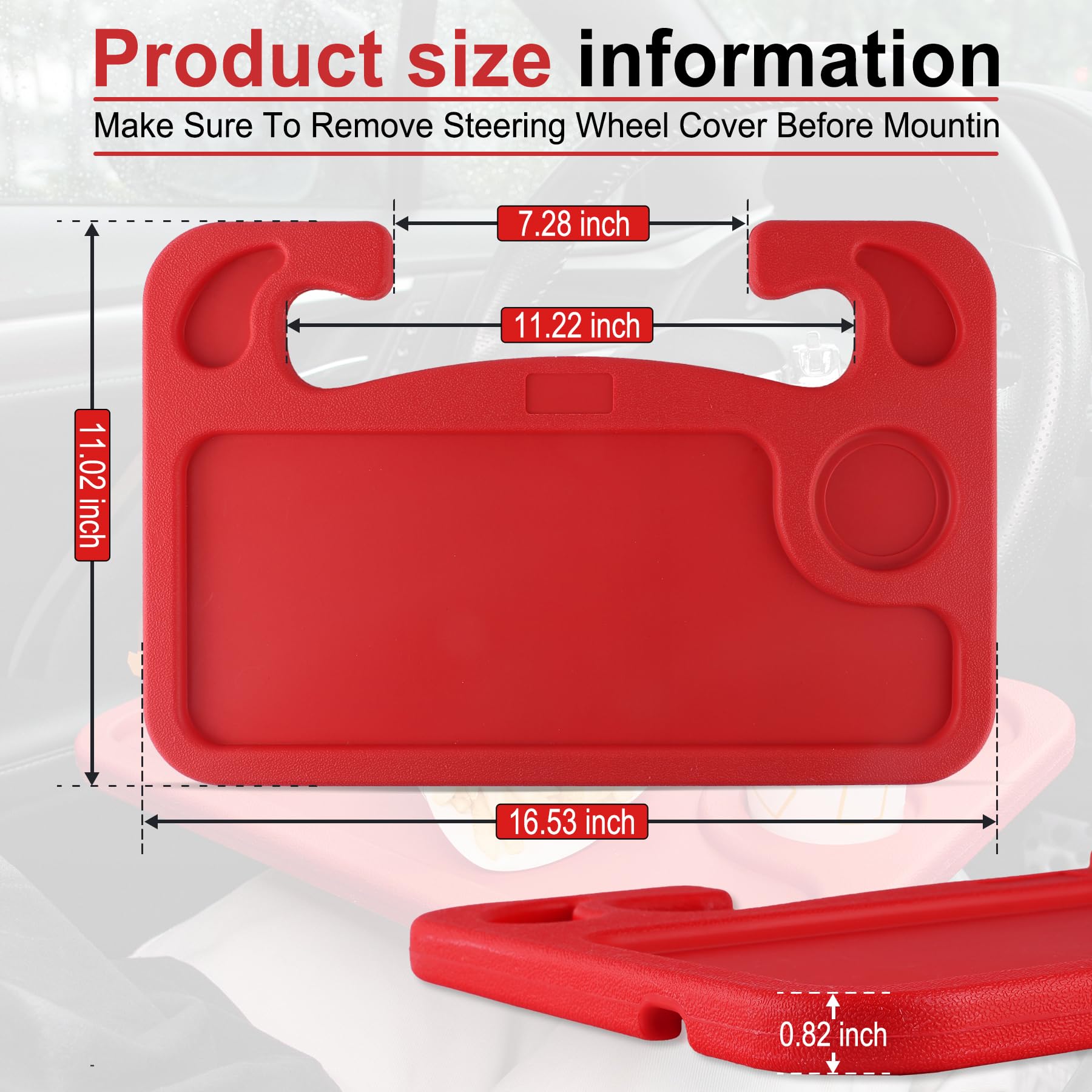 JUSTTOP Car Steering Wheel Desk, Red (ABS, Rectangular), Multipurpose Travel Tray for Eating, Laptop, Tablet, iPad, Cup Holder, Compatible with Most Cars view 3
