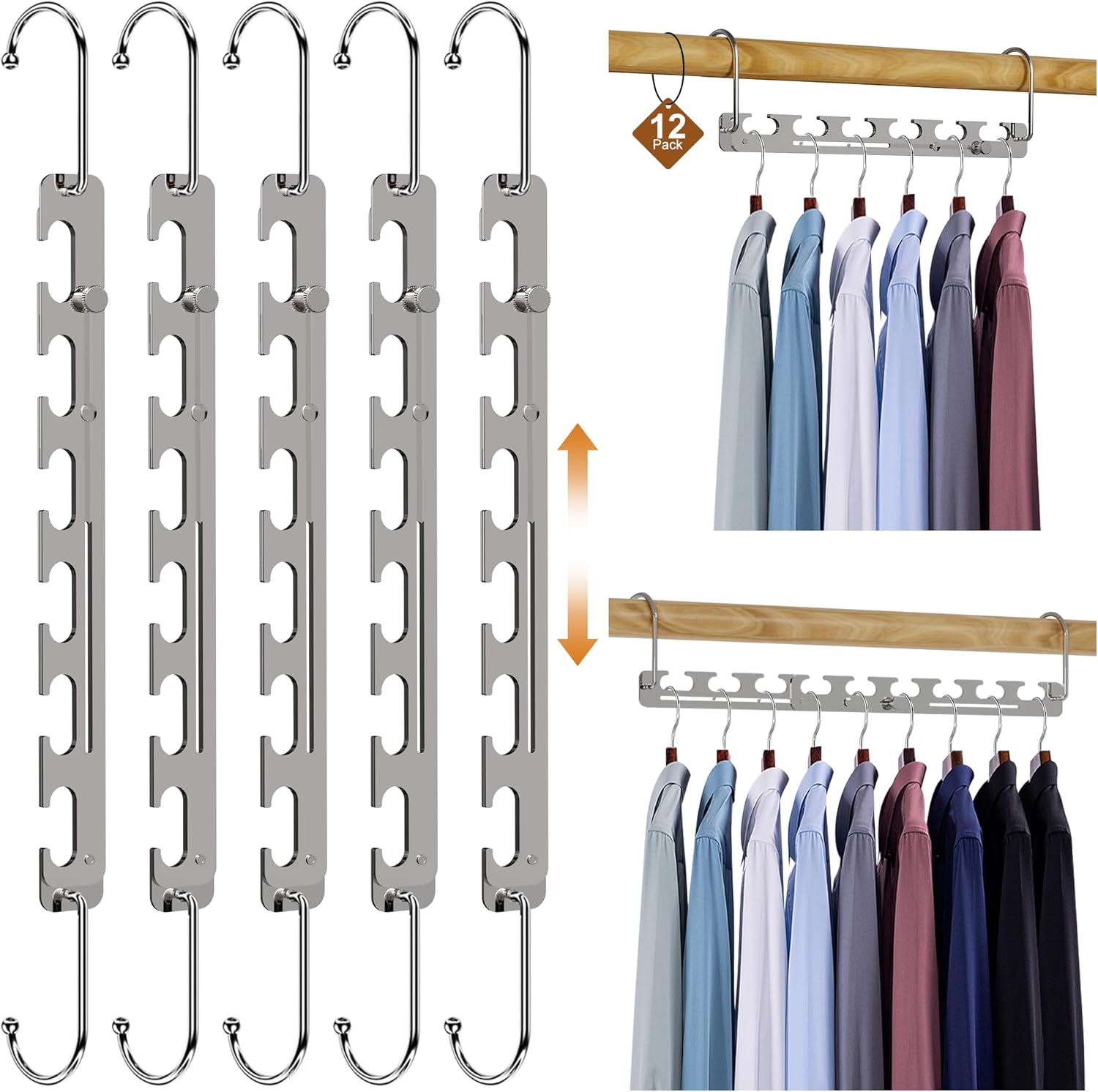 12 Pack Space Saving Hangers for Clothes, 6 to 9 Holes Expandable Metal Heavy Duty Hangers Space Saving for Closet Bedroom Dorm RV Outdoors