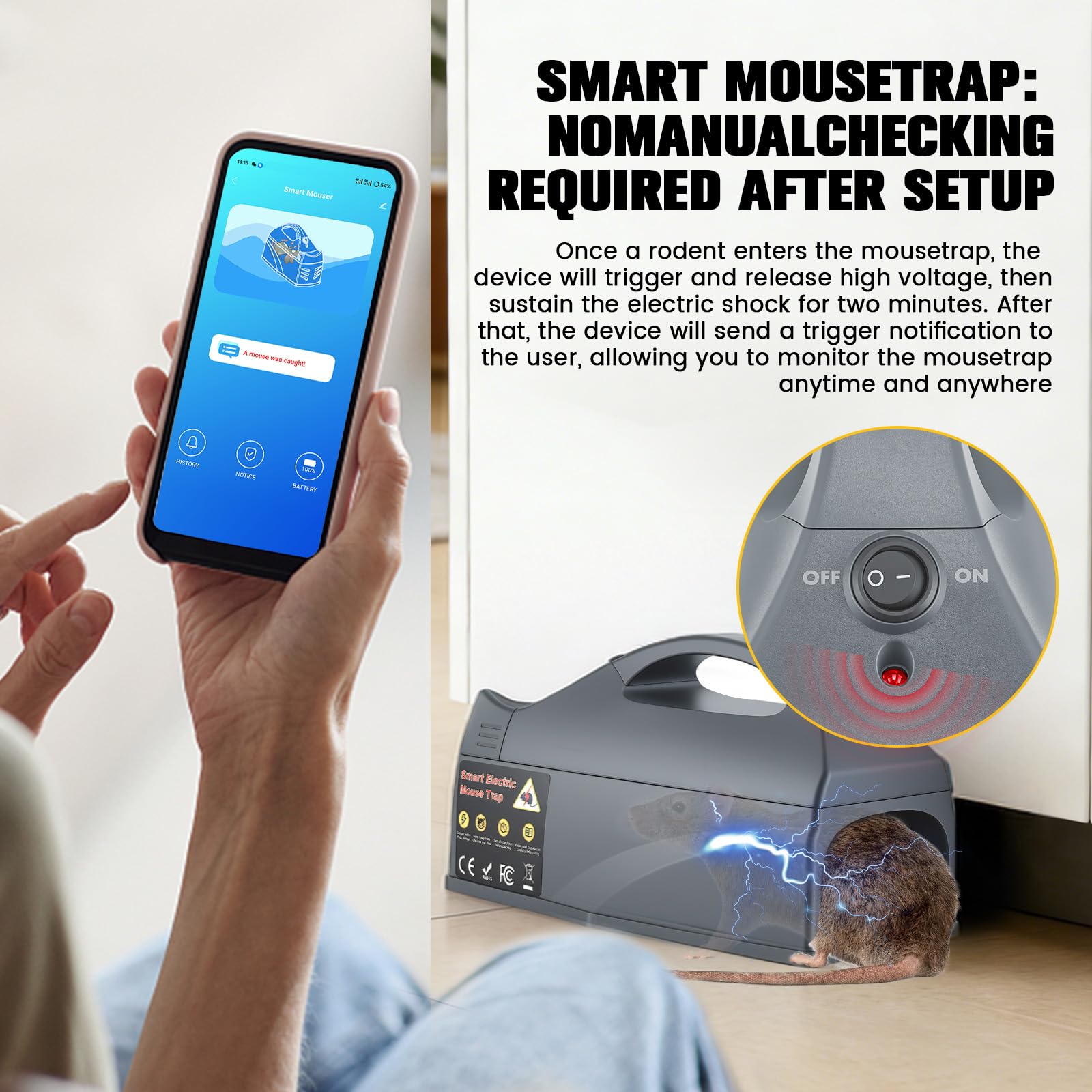 Piège à Rats Électrique Connecté WiFi – Alerte Instantanée sur Mobile, 700mA Haute Puissance, Autonomie 1 an, 45m Portée – pour Intérieur/Extérieur, Capture Rapide Souris et Rats