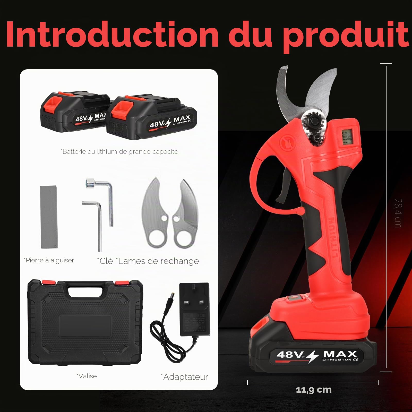 Sécateur électrique, 30 mm Secateur a Batterie, Professionne Secateur Electrique Sans Fil avec 2 x 2000 mAh, écran LCD, Moteur Brushless, SK7 Lame Secateur de Jardin pour arbres, arbres fruitiers