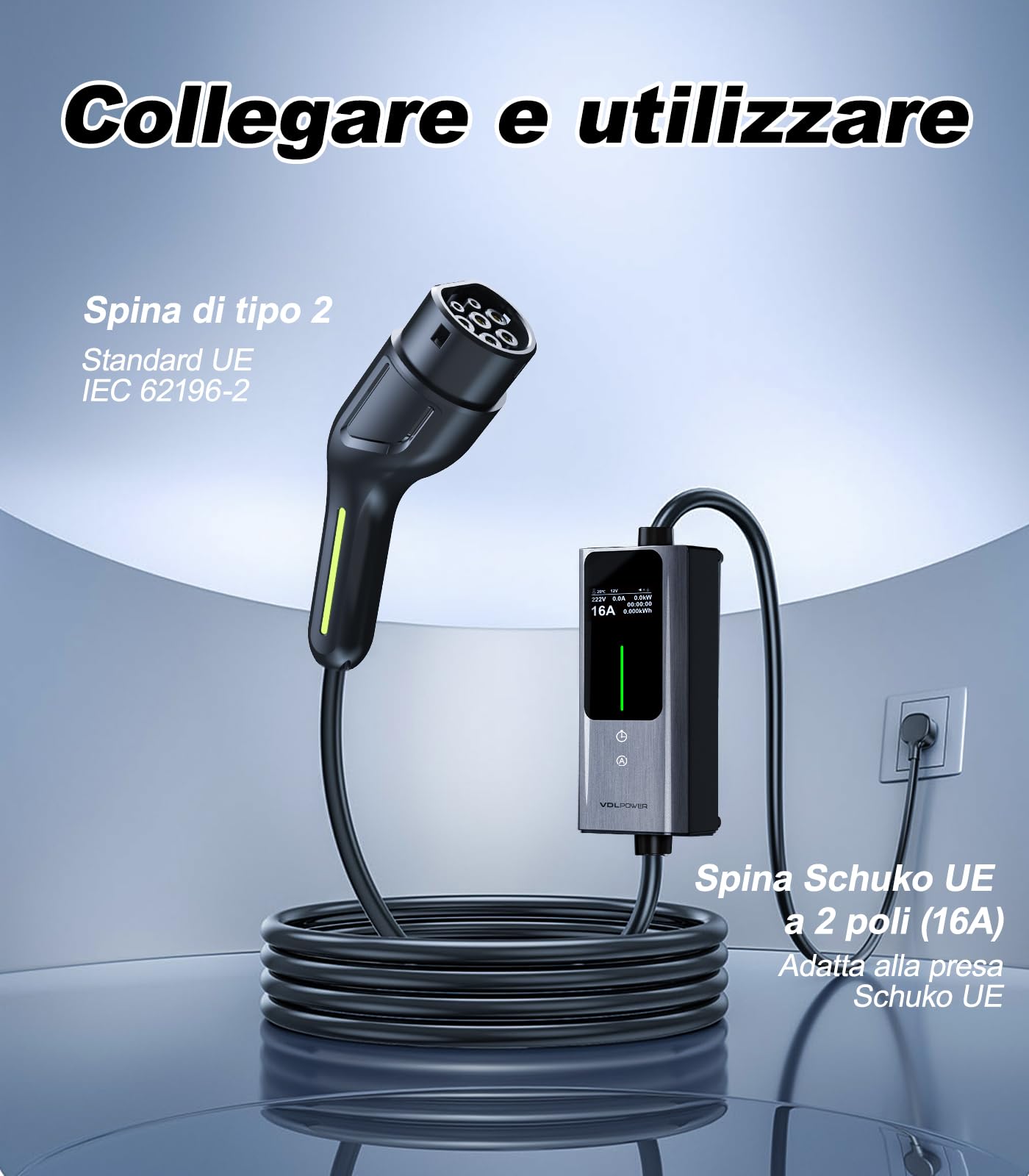 Cavo Ricarica Auto Elettrica,5m [3,6kW| 6-16A] Colonnina Ricarica Auto Elettrica Tipo 2 Schuko,Wallbox con LCD Controllo Digitale Compatibile (EC12-5M)