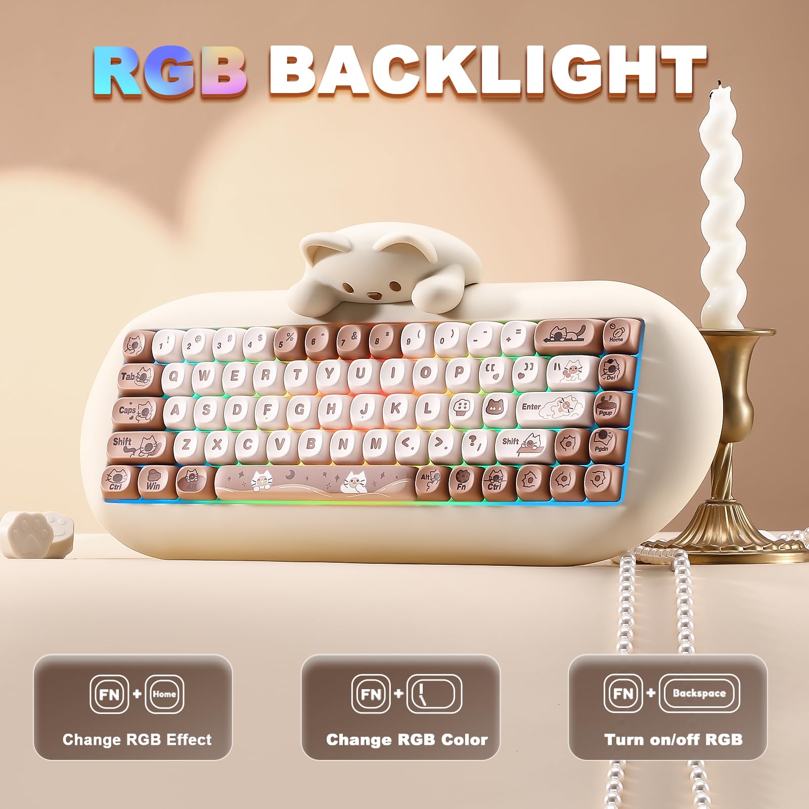 YUNZII C68 Tastiera meccanica senza fili,65% Gaming Keyboard Hot Swap,Tripla modalità BT5.0/2.4G/Cavo,RGB Retroilluminato NKRO,Cat Silicone Ergonomic Keyboard per Win/Mac (fratello, Cambio di latte)