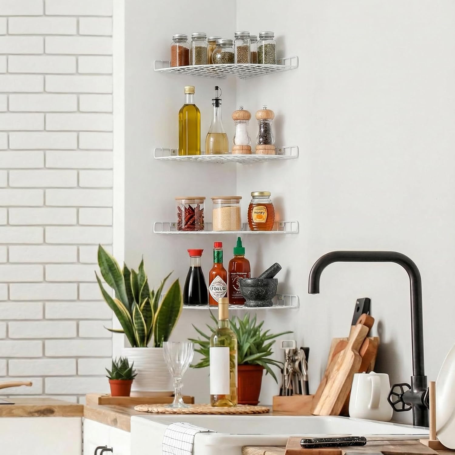 4 Pcs Corner Shelf Organizer Closet Corner Shelves 12 x 12 in Metal Wire Cabinet Wall Shelf for Kitchen, Bathroom, Living Room Home Decor, White