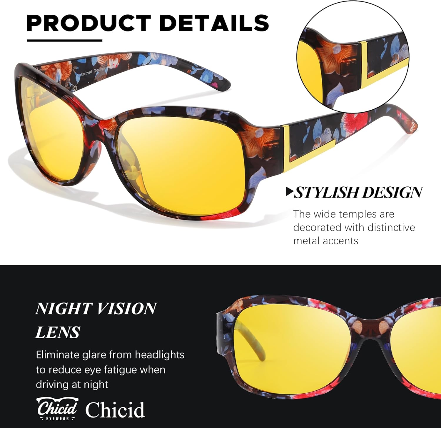 Chicid Night Vision Glasses for Driving, Women's Polarized Anti-Glare Yellow Lens with UV400 Protection - Image 4
