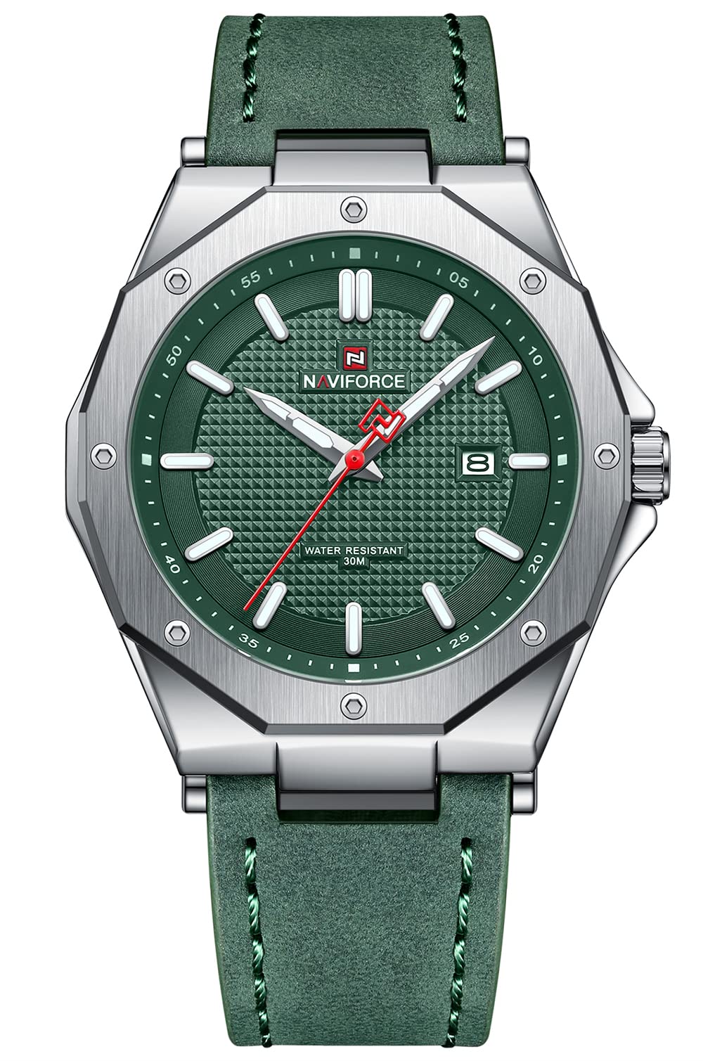 NAVIFORCE Men's Leather Watches Analog Quartz Waterproof Watch Date Casual Wristwatches, SILVER GREEN